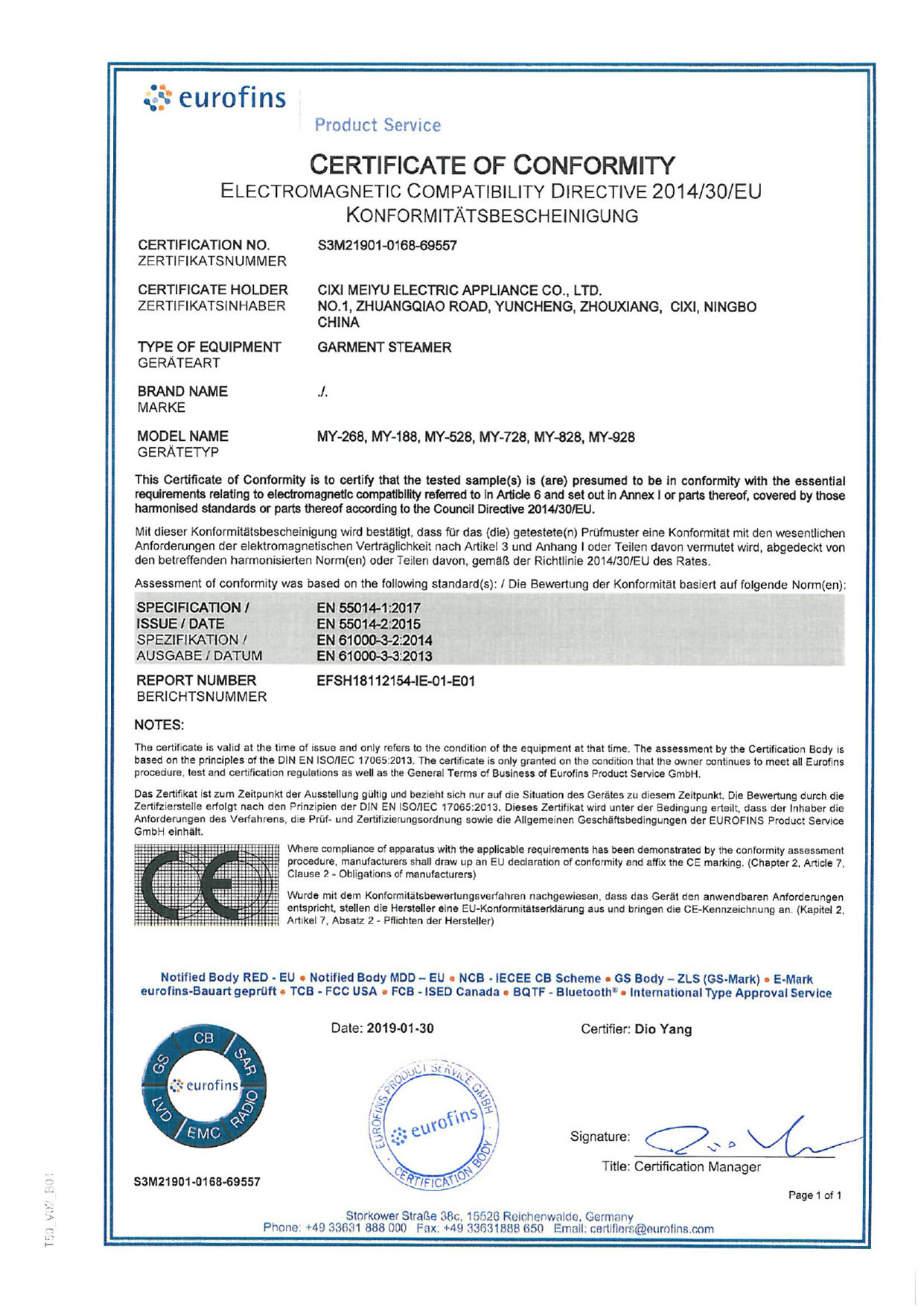 Certifikát EMC S3M21901-0168-69557_EMC CoC Certifikát EMC S3M21901-0168-69557_EMC CoC