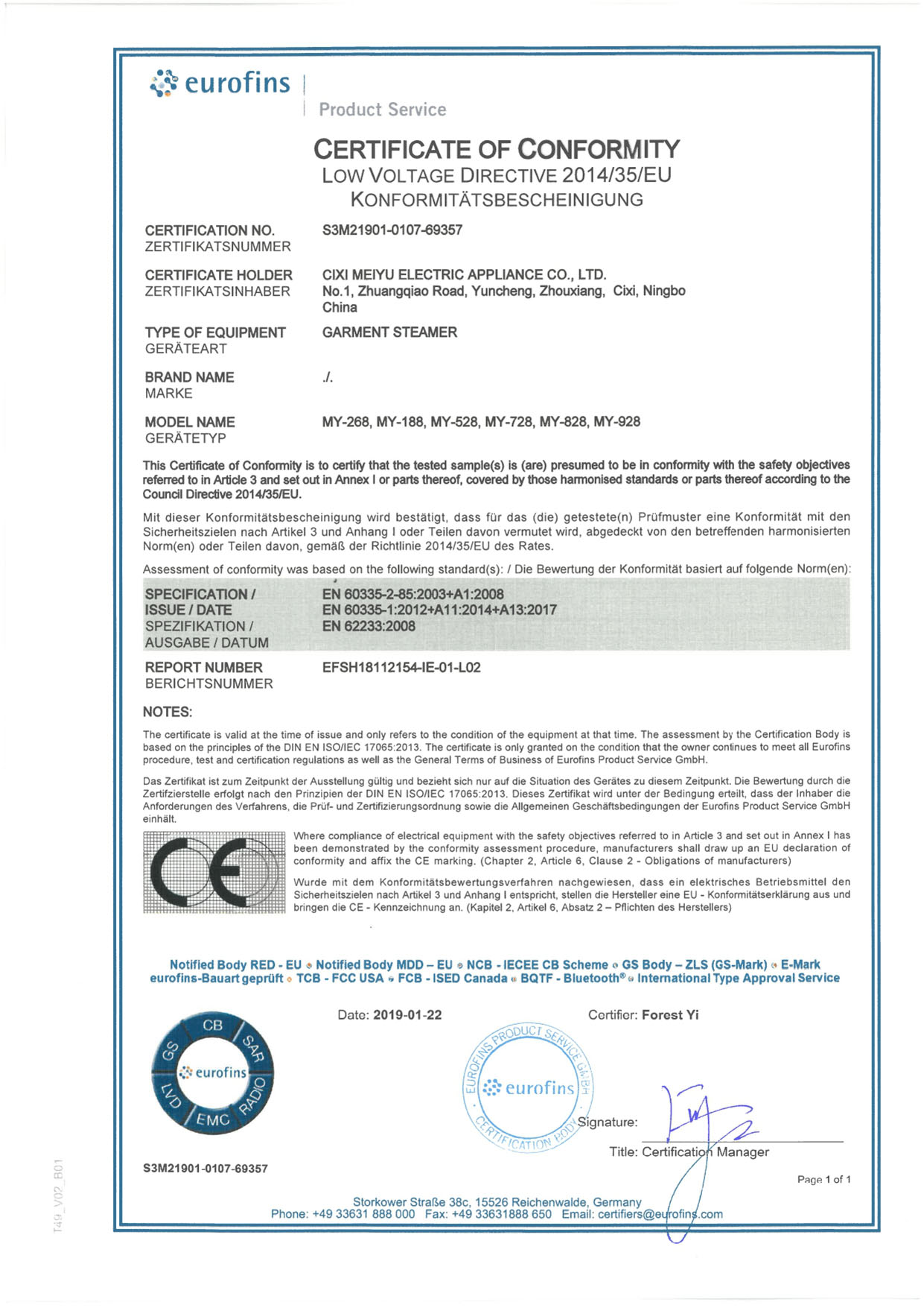 Certifikát LVD S3M21901-0107-69357_LVD CoC Certifikát LVD S3M21901-0107-69357_LVD CoC